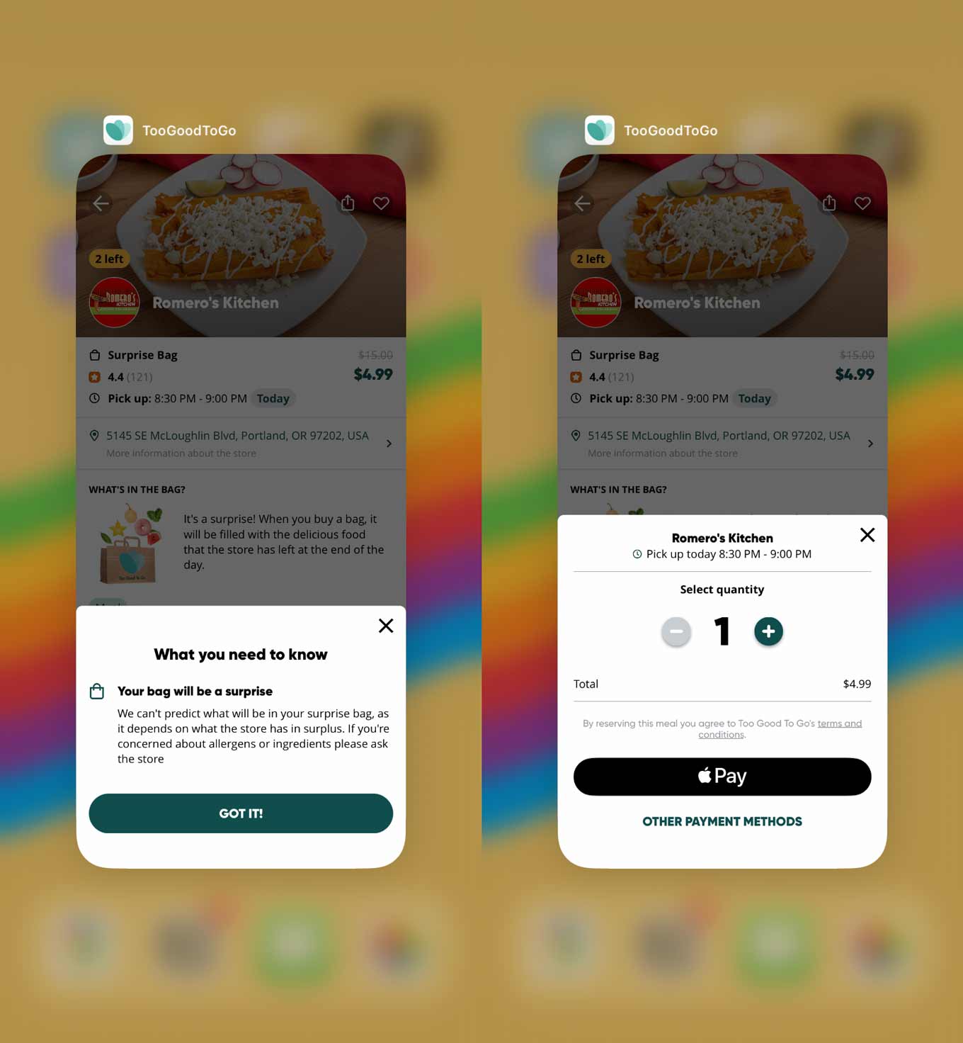 Screenshot of iPhone version of Too Good To Go app showing the checkout process for reserving a Surprise Bag at a local restaurant