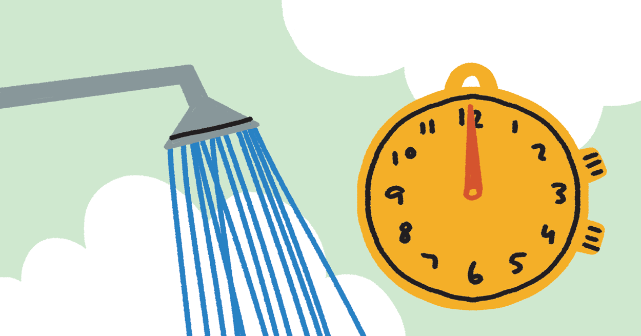 Illustrated shower, clock, and rain clouds